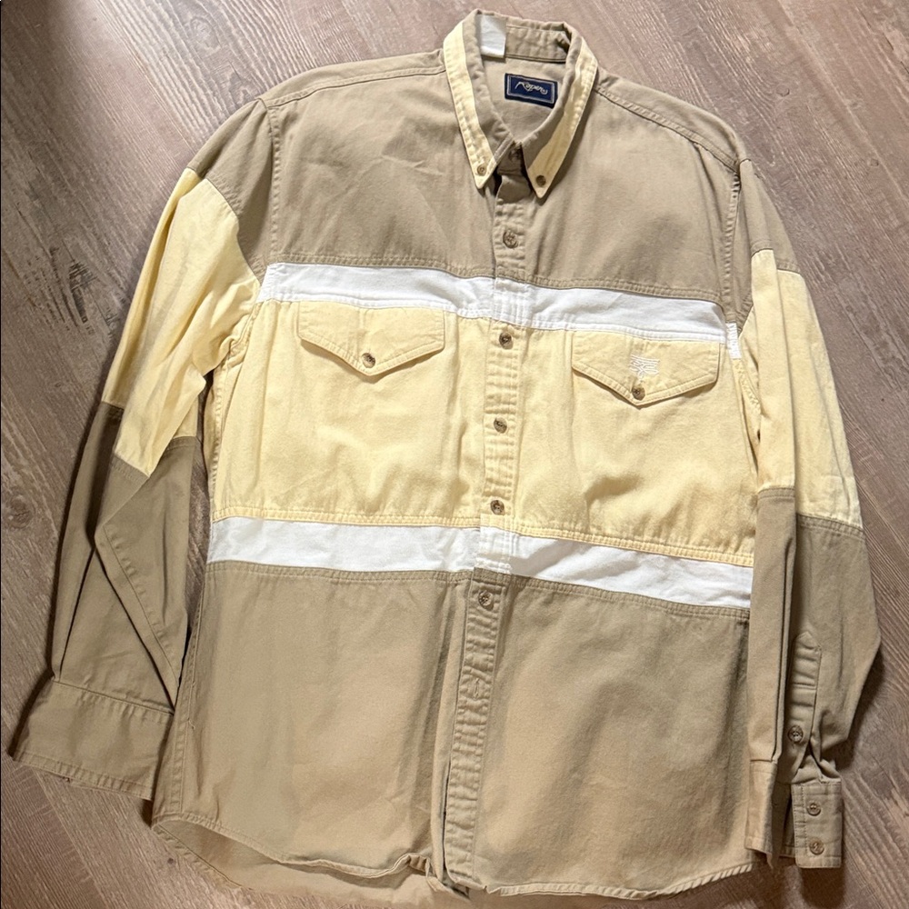 Vintage Roper Tan and Cream Butter Yellow Colorblock Cotton Twill Shirt